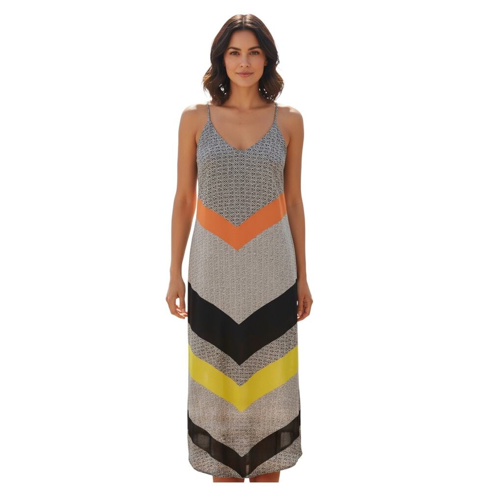 NWT Old Navy Slim Maxi Dress Womens L Chevron Colorblock Chiffon Lined Strappy